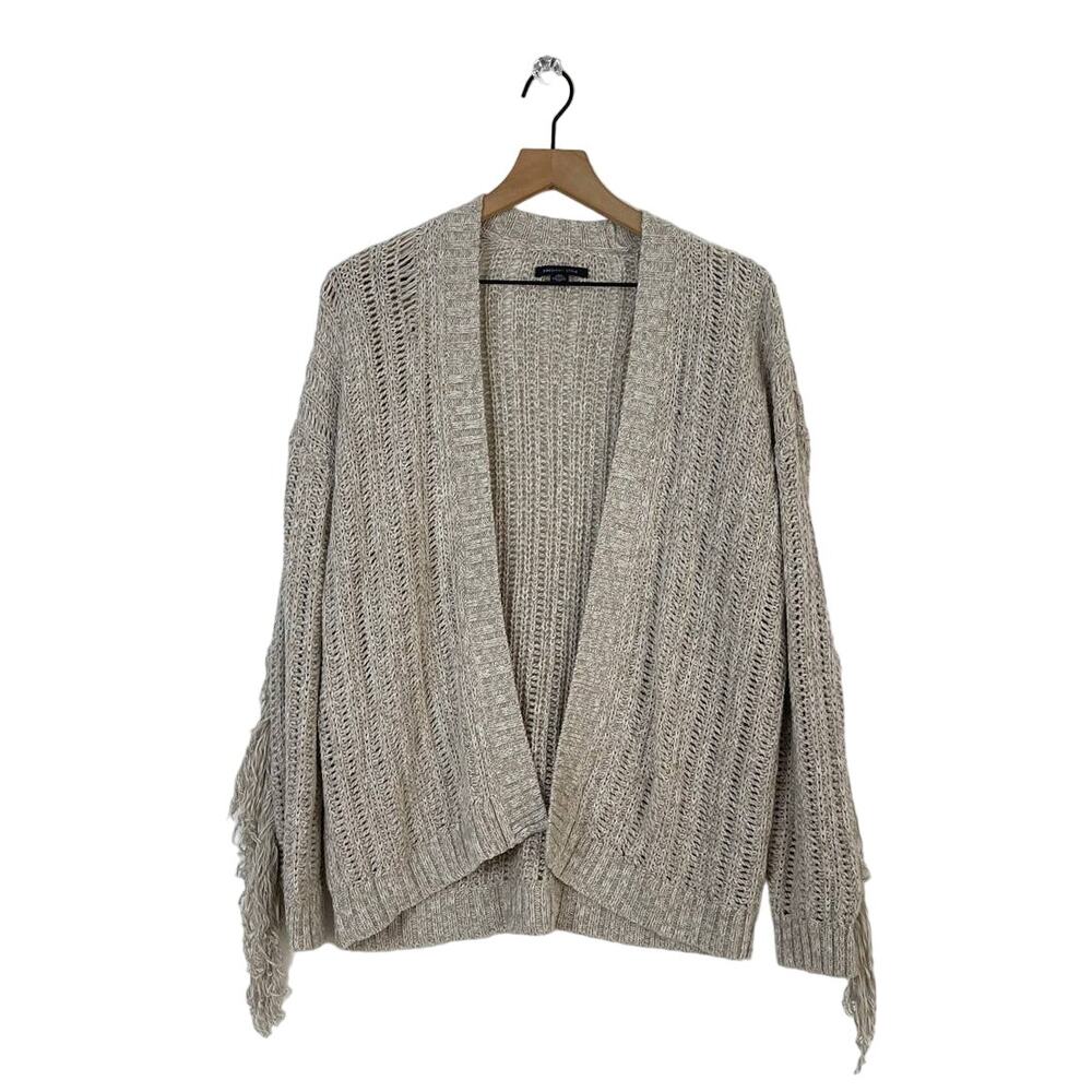 American Eagle Light Beige Open Front‎ Knit Fringe Sleeve Cardigan Sweater XS